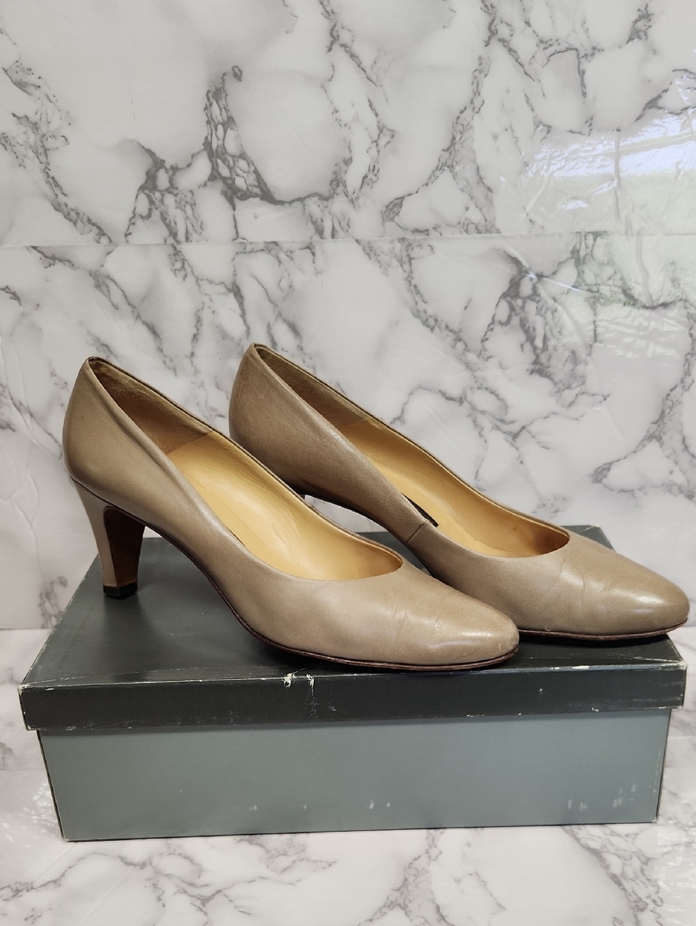Bally Taupe Leather Mid-Heel Pumps